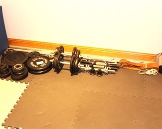 Free weights, bell bars, mats, leather weight lifting belt.