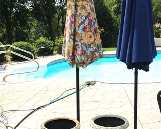Patio umbrellas and planters.