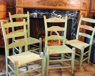 Green Louisiana rawhide seat chairs set of four.     Perfect for porch sitting, or enjoying shade under a tree on hot summer day                