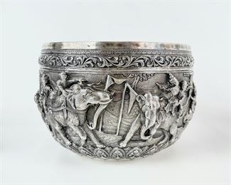 555 Grams Fine 19th C Burmese Silver Thabeik 6.25� Repousse Bowl
