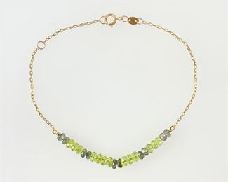 1.9 Grams Fine 14K Yellow Gold & Green Beaded 7.5� Bracelet
