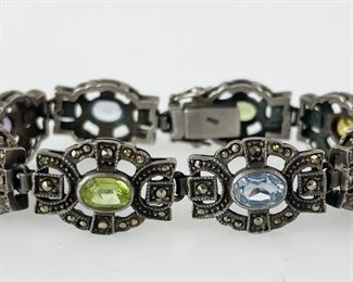 25 Grams Fine Sterling Silver Marcasite & Multi Gemstone 7� Bracelet
