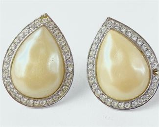 Vintage Yves Saint Laurent YSL Faux Pearl & Rhinestone Teardrop Omega Back Earrings
