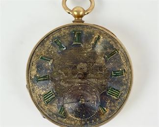 Antique Fine 14K Yellow Gold Case Etched Face Mechanical Pocket Watch
