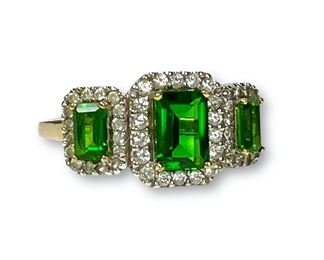 Fine 10k Yellow Gold 3 Stone Elbaite Tourmaline Halo Ring. Size 8 can be sized.
