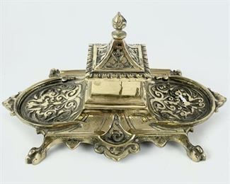 Antique Ornate Repousse Brass Inkwell
