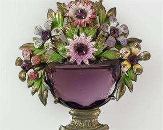Vintage Jelly Belly Costume Enamel Purple Glass Rhinestone Basket Of Flowers Brooch Pin
