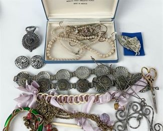 Vintage Costume Jewelry Lot: Enamel Bangle, Bone Beads, Silver Tone Pin Brooches, & More!
