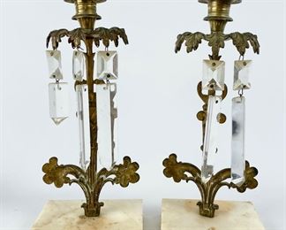 Antique Ornate Girandole Brass, Marble Bass & Crystal Candle Holders
