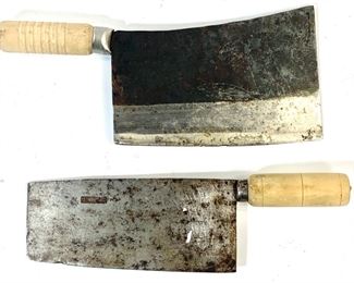 Vintage Chinese Bamboo Handled 8in Steel Signed Cleavers
