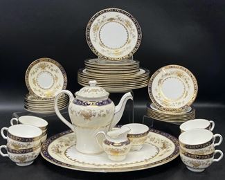Fine Minton H.3775 English Bone China Dinner Plates, Salad Plates, Dessert Plates, Saucers, Tea Cups, Serving Platter, Lidded Tea Pot, Creamer, and Sugar Bowl
