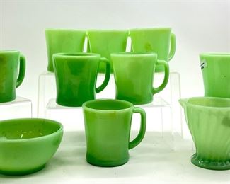 Vintage Anchor Hocking Fire King Jadite Green Mugs, Creamer, and Bowl MCM

