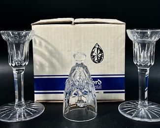 Fine Waterford Crystal Set Of Two Candle Holders With Original Box & Lismore Dinner Hand Held Bell
