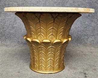 Vintage Hand Carved Giltwood Painted Column Top Base Table with Marble top Hollywood Regency Style
