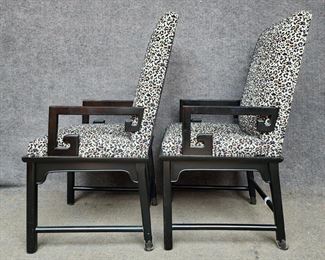 Pair Mid Century Modern Hollywood Regency Style Black Lacquer Arm Chairs with Faux Leopard Textile

