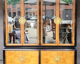 20th Century MCM meets Asian hollywood regency 2 Piece Display China Cabinet black lacquer burlwood
