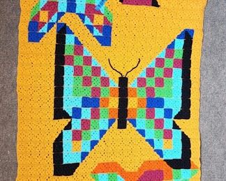 Vintage Crochet Knit Blanket Butterfly Hippie Boho
