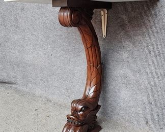 Vintage Carved Wood Dolphin Base Marble Top Console Table
