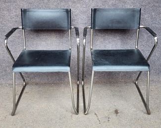 Pair Marcel Breurer Style Tubular Mid Century Modern MCM Chrome & Leather Arm chairs

