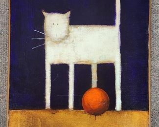 Signed Kessler Acrylic Painting cat Red Ball
