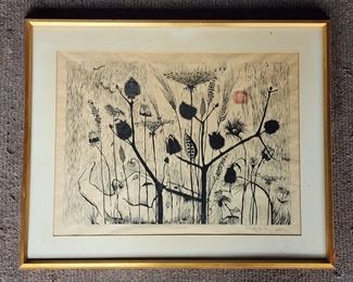 1963 Signed Bray Pencil Wood Cut on Paper with Color Framed MCM
