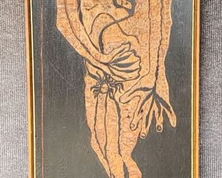 Vintage Woodcut Abstract Nude Man Tall Framed Hebrew Jewish

