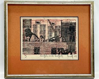 Original �New York� red/black woodcut print

