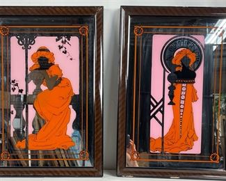 Pair 19.5" h of Art Deco Mucha-inspired women painted on mirror MCM
