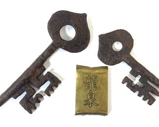 Antique Chinese Cast Iron Keys & Longquan Stamped Brass Piece

