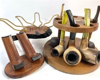 Six Assorted Meerschaum & Briar Pipes With Pipe Rack and Two Fine Wooden Pipe Stands
