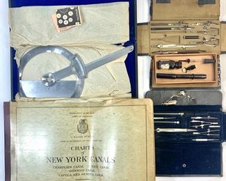 Vintage Army Corps of Engineers US Lake Survey Charts of New York Canals With Map Drawing Tools & Ink
