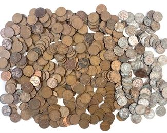 Six 1900s Indian Head Pennies and Lbs of Wheat Pennies and Steel Pennies
