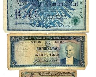 German Empire 1908 100 Reichsmark and Turkey 1952/53 Series A8 5 Lira Banknotes with US Early 50s Series 481 50 Cent Military Payment Certificate
