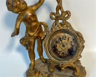 Antique Art Nouveau New Haven Clock Co Figural Gilt Metal Cherub Desk Clock
