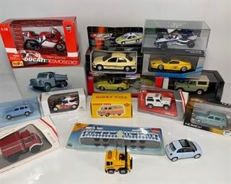 16 Vintage Model Car Collectibles - Schuco Landrover, Minichamps Ferrari 512 M, Citroen DS3 WRC, Dinky Toys Bedford 10 Van, Junior Line Groesse GG, and More
