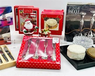 Lenox Napkin Rings, Trinket Box, Godinger 8� Silver-plated Candlesticks, Silver Plated Napkin Rings, Wallace Silversmith Forks, Laguiole Butter Knives, And Coasters
