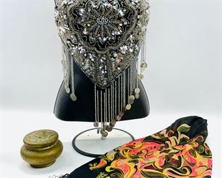 Vintage Beaded Sequin Halter Top, H&M Scarf And Derby Silvers Co Gold Tone Trinket Box
