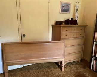 MCM blond wood full head board and chest