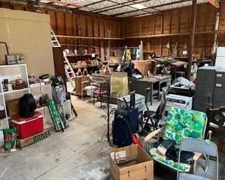 Full building, roofing supplies, tools, yard tools, coolers, cabinets, desks, chairs, tires & wheels, ladders, old refrigerators, beds, trunks, blowers, saws, nail guns, rolls of wire, file cabinets, new in box items, misc