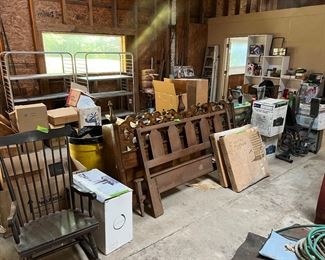 Full building, roofing supplies, tools, yard tools, coolers, cabinets, desks, chairs, tires & wheels, ladders, old refrigerators, beds, trunks, blowers, saws, nail guns, rolls of wire, file cabinets, new in box items, misc