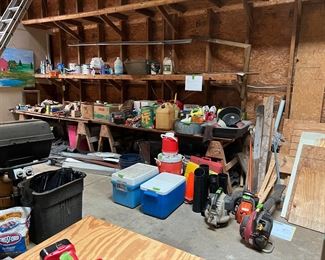 Full building, roofing supplies, tools, yard tools, coolers, cabinets, desks, chairs, tires & wheels, ladders, old refrigerators, beds, trunks, blowers, saws, nail guns, rolls of wire, file cabinets, new in box items, misc