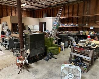 Full building, roofing supplies, tools, yard tools, coolers, cabinets, desks, chairs, tires & wheels, ladders, old refrigerators, beds, trunks, blowers, saws, nail guns, rolls of wire, file cabinets, new in box items, misc