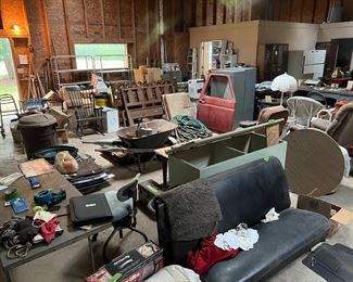Full building, roofing supplies, tools, yard tools, coolers, cabinets, desks, chairs, tires & wheels, ladders, old refrigerators, beds, trunks, blowers, saws, nail guns, rolls of wire, file cabinets, new in box items, misc