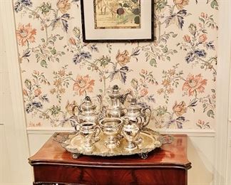 Antique game table, silver plated tea and
Coffee service 