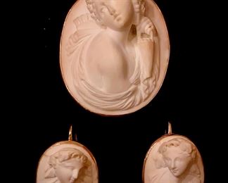 Italian lava cameo broach and earrings set in 14k in presentation case