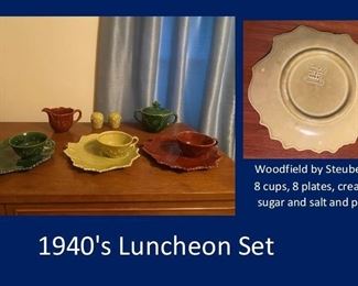 Woodfield by Steubenville 1940's Mid-Century Modern Luncheon Set, 8 Plates, 8 Cups, Cream, Sugar, and Salt and Pepper