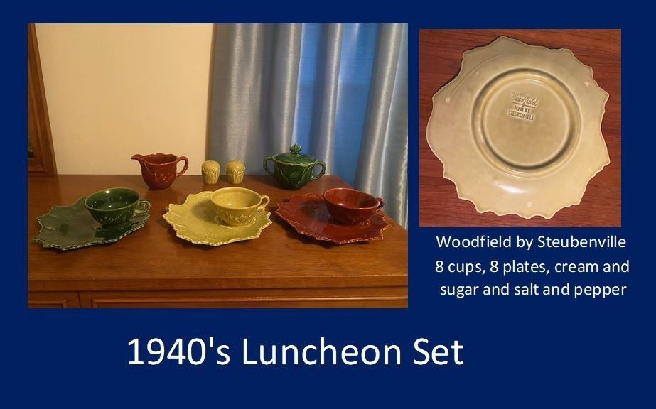Woodfield by Steubenville 1940's Mid-Century Modern Luncheon Set, 8 Plates, 8 Cups, Cream, Sugar, and Salt and Pepper