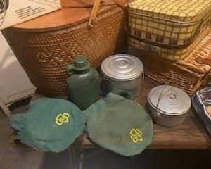Girl Scout canteen cover, water bottle, and camping pot (picnic baskets and other items are sold)