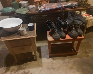 Boots, Bench, and Enamel Pans and Cups