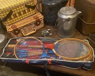 Badminton Set and FIshing Reel (picnic baskets and coffee pots are sold)